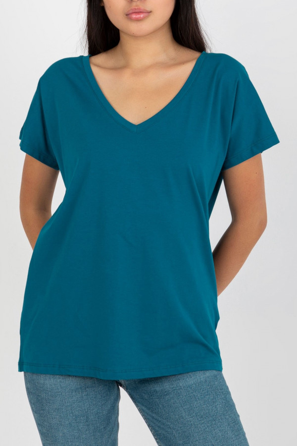 Bluzka damska w kolorze morskim T-shirt basic dekolt w serek v-neck luna
