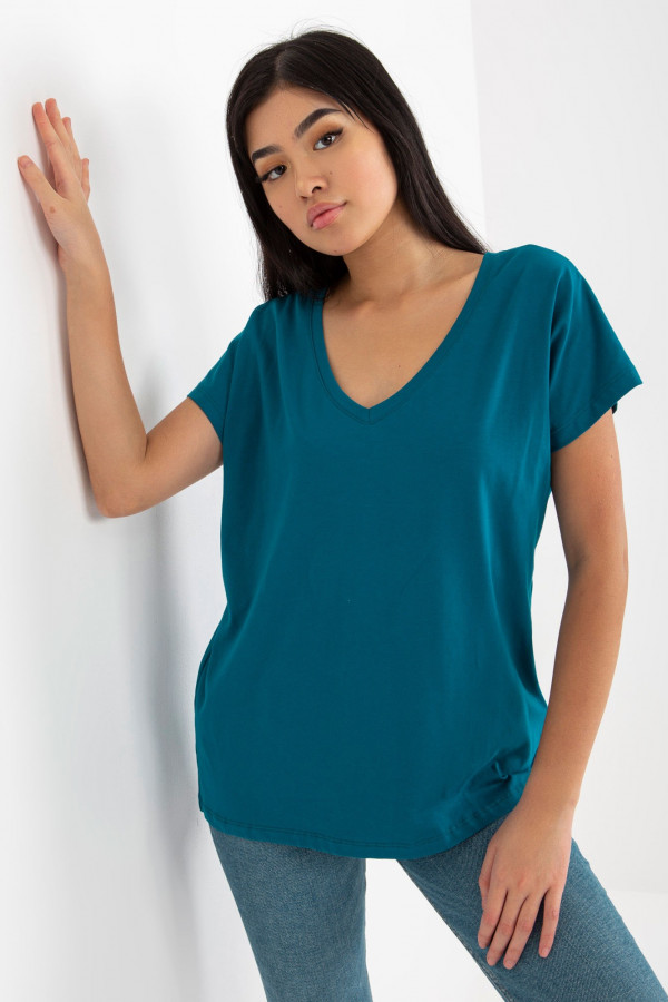 Bluzka damska w kolorze morskim T-shirt basic dekolt w serek v-neck luna 2