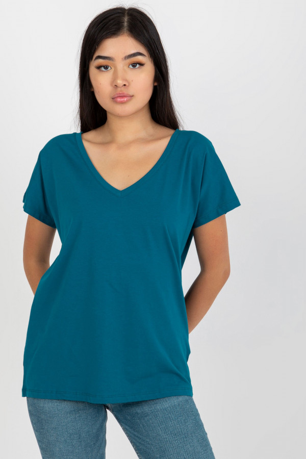 Bluzka damska w kolorze morskim T-shirt basic dekolt w serek v-neck luna 3