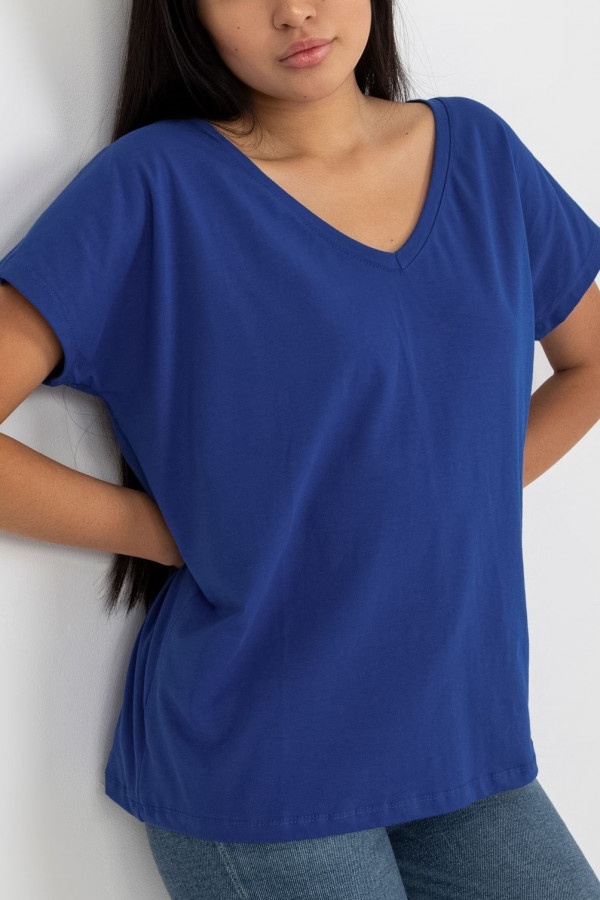 Bluzka damska w kolorze kobaltowym t-shirt basic dekolt w serek v-neck luna