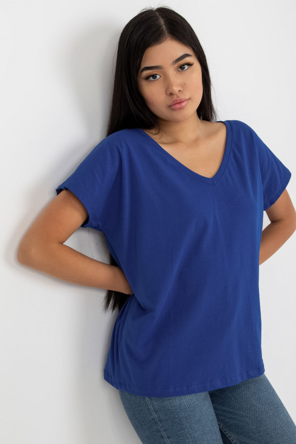 Bluzka damska w kolorze kobaltowym t-shirt basic dekolt w serek v-neck luna 1