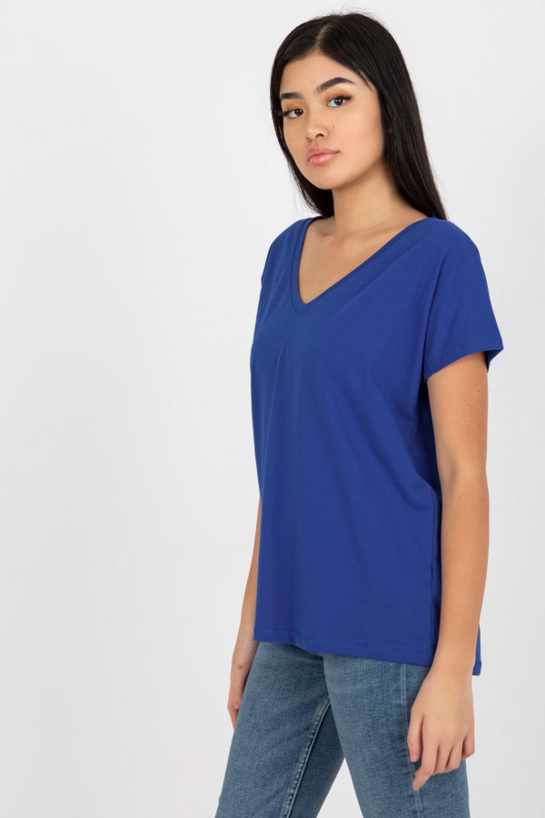 Bluzka damska w kolorze kobaltowym t-shirt basic dekolt w serek v-neck luna 4