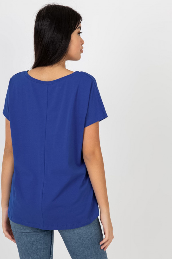 Bluzka damska w kolorze kobaltowym t-shirt basic dekolt w serek v-neck luna 3