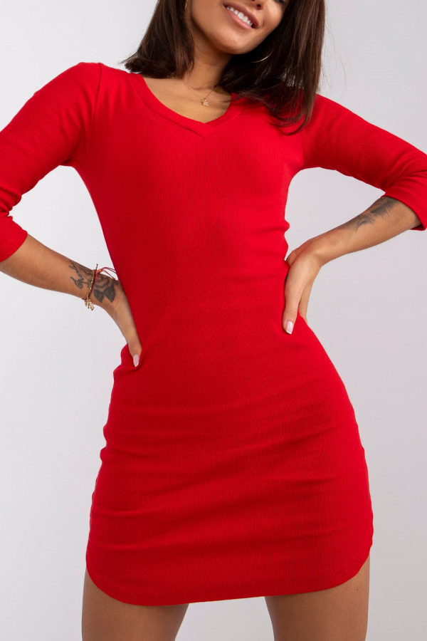 Prążkowana dopasowana mini sukienka w kolorze czerwonym dekolt V