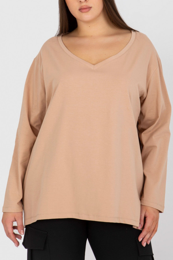 Casualowa bluzka damska plus size w kolorze camelowym dekolt V dłuższy tył