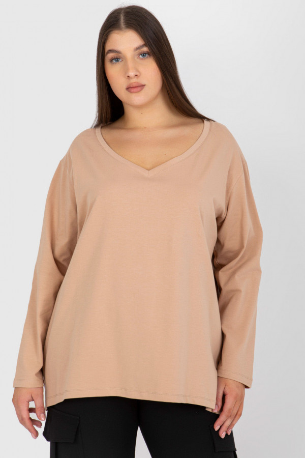 Casualowa bluzka damska plus size w kolorze camelowym dekolt V dłuższy tył 1