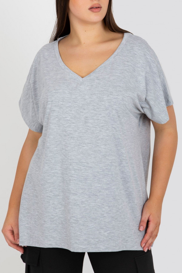 T-shirt plus size duża luźna bluzka damska w kolorze szarym dekolt V w serek