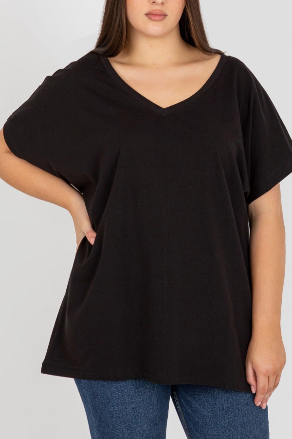 T-shirt plus size duża luźna bluzka damska w kolorze czarnym dekolt V w serek