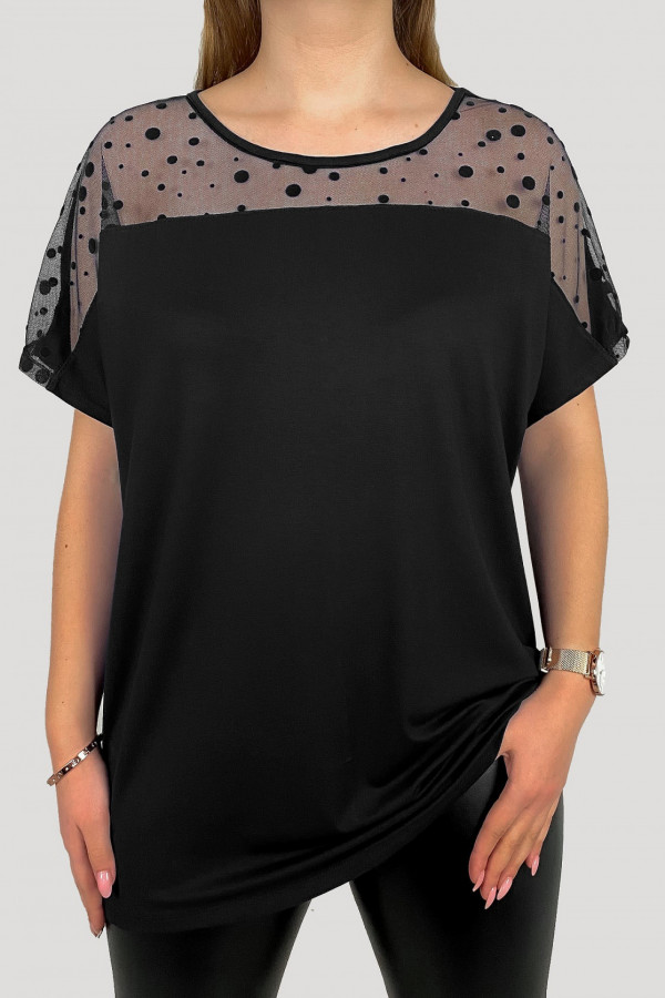 Bluzka damska plus size z wiskozy w kolorze czarnym dekolt siateczka grochy Lauren