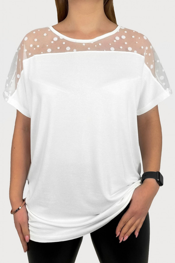 Bluzka damska plus size z wiskozy w kolorze białym dekolt siateczka grochy Lauren