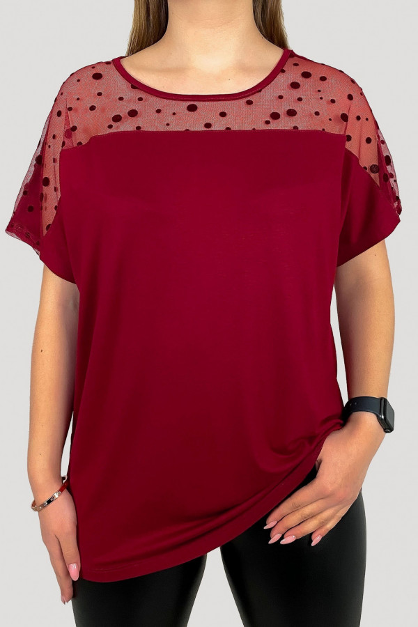 Bluzka damska plus size z wiskozy w kolorze bordowym dekolt siateczka grochy Lauren