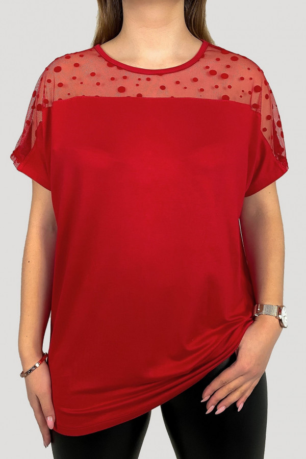 Bluzka damska plus size z wiskozy w kolorze czerwonym dekolt siateczka grochy Lauren