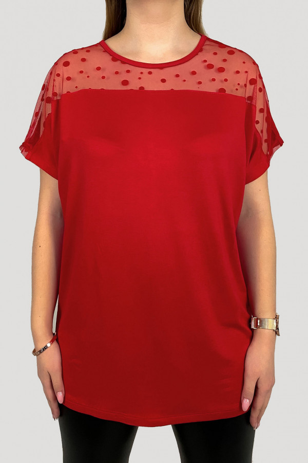 Bluzka damska plus size z wiskozy w kolorze czerwonym dekolt siateczka grochy Lauren 1