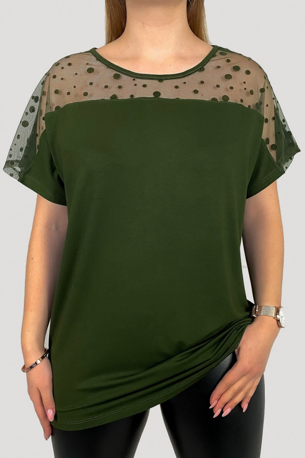 Bluzka damska plus size z wiskozy w kolorze khaki dekolt siateczka grochy Lauren