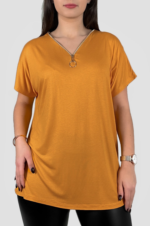 Bluzka damska z wiskozy nietoperz w kolorze miodowym dekolt zip