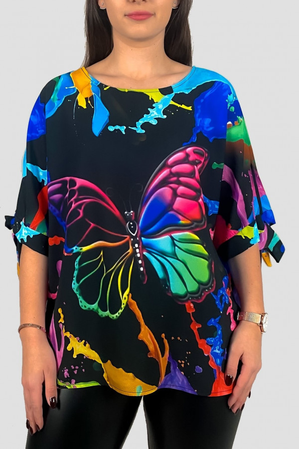 Elegancka bluzka koszula w kolorze czarnym wiązane rękawy kolorowy motyl