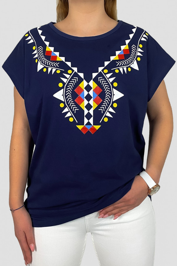 T-shirt damski w kolorze granatowym bluzka wzór boho etno