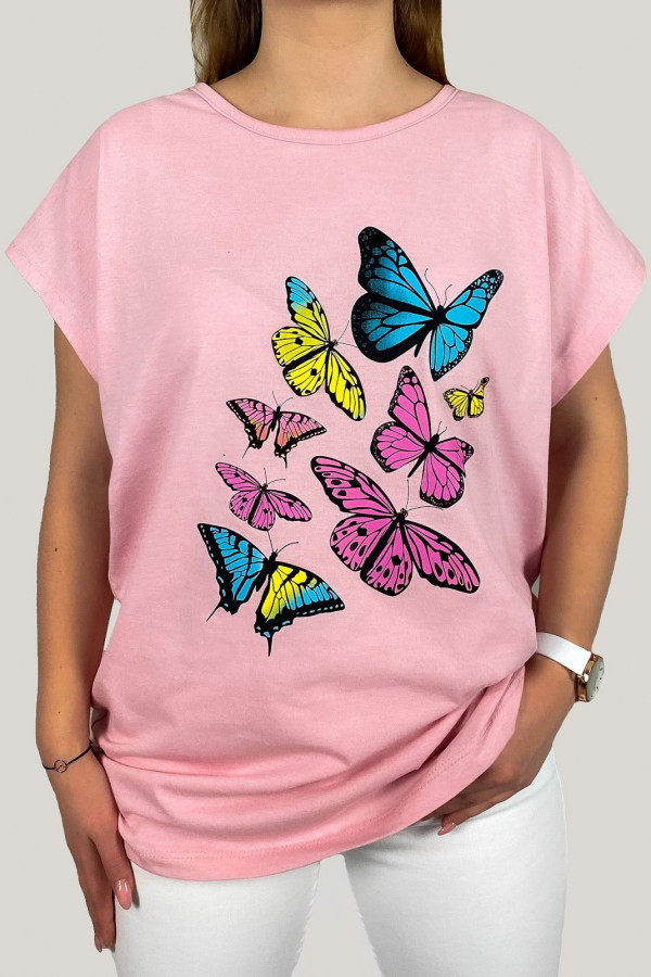 T-shirt plus size w kolorze jasno różowym koszulka bluzka damska print motyle