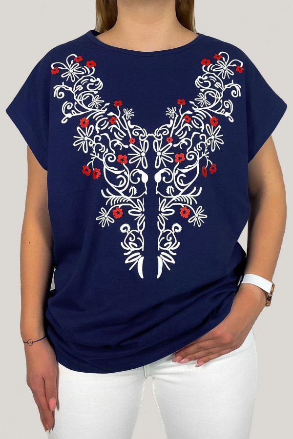 T-shirt plus size koszulka bluzka damska w kolorze granatowym wzór etno folk