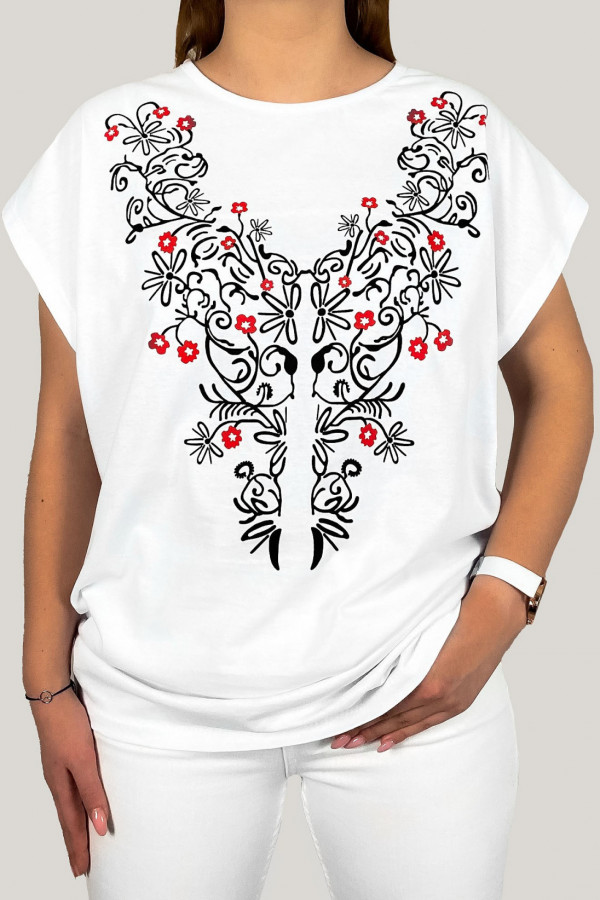 T-shirt plus size koszulka bluzka damska w kolorze białym wzór etno folk
