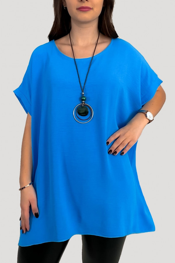 Duża koszula bluzka tunika w kolorze niebieskim lazurowym oversize z naszyjnikiem Gaja