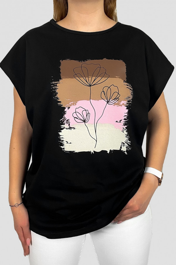 T-shirt plus size koszulka damska w kolorze czarnym print pastele kwiat
