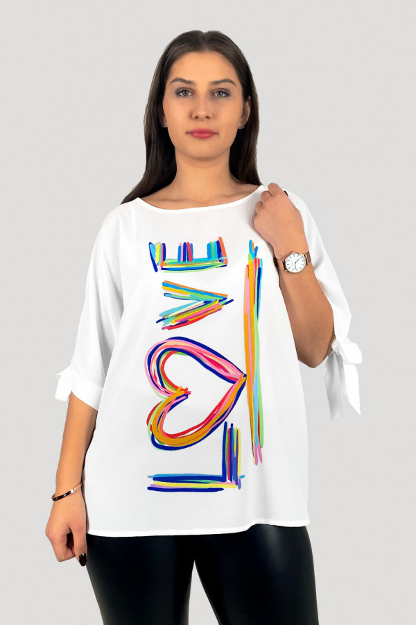 Elegancka bluzka koszula w kolorze białym wiązane rękawy kolorowy print love 1
