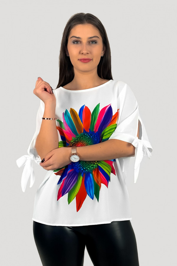 Elegancka bluzka koszula w kolorze białym wiązane rękawy kolorowy kwiat 4