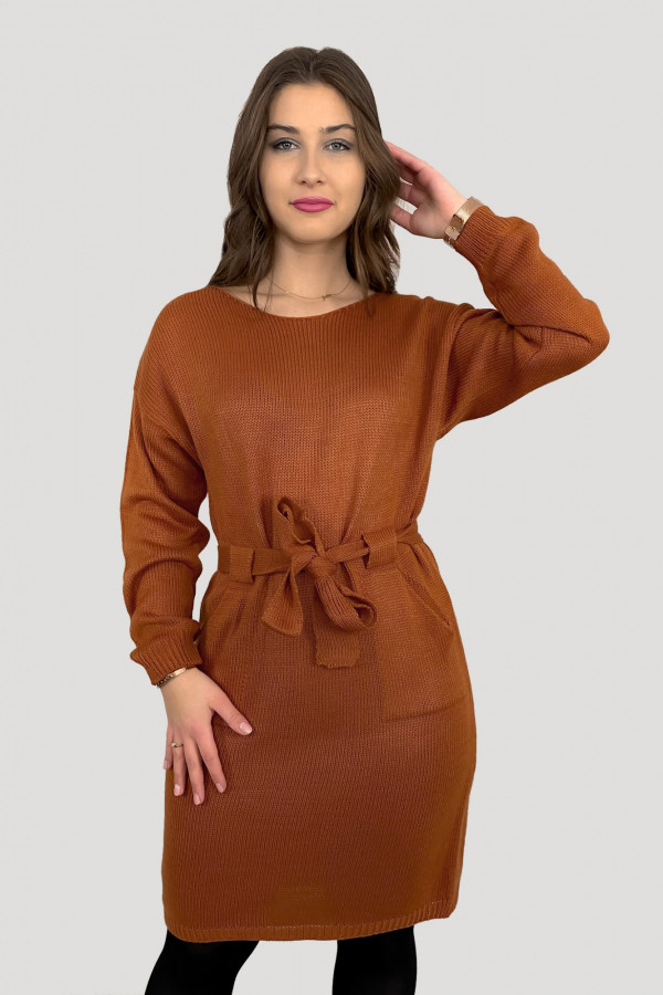 Sukienka tunika sweter w kolorze rudym kieszenie Sofia 1