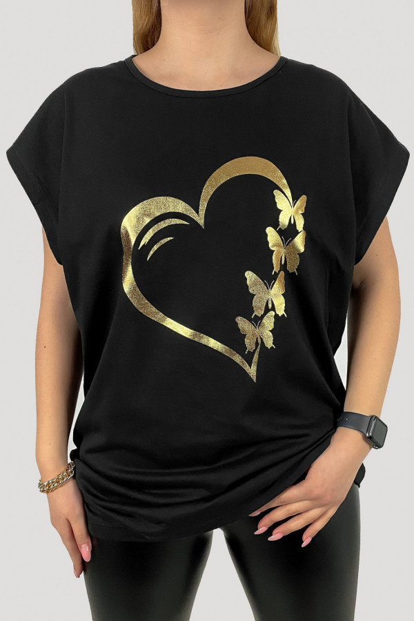 T-shirt plus size koszulka damska w kolorze czarnym złote serce motyle