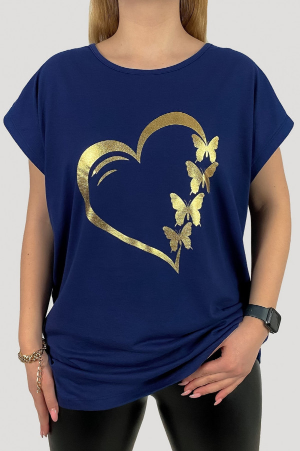 T-shirt plus size koszulka damska w kolorze granatowym złote serce motyle