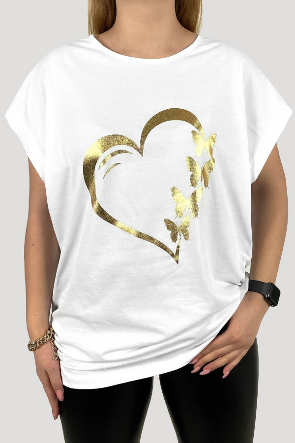 T-shirt plus size koszulka damska w kolorze białym złote serce motyle