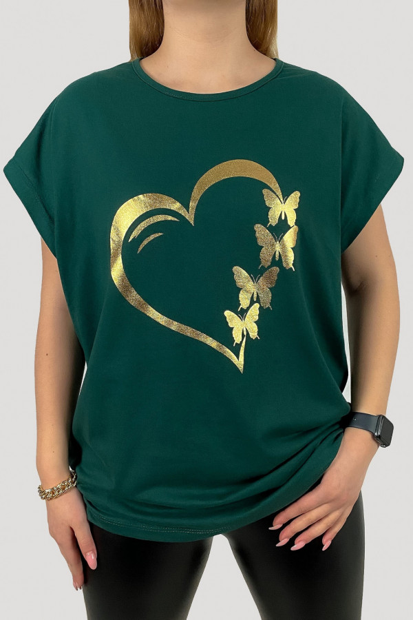 T-shirt plus size koszulka damska w kolorze butelkowej zieleni złote serce motyle