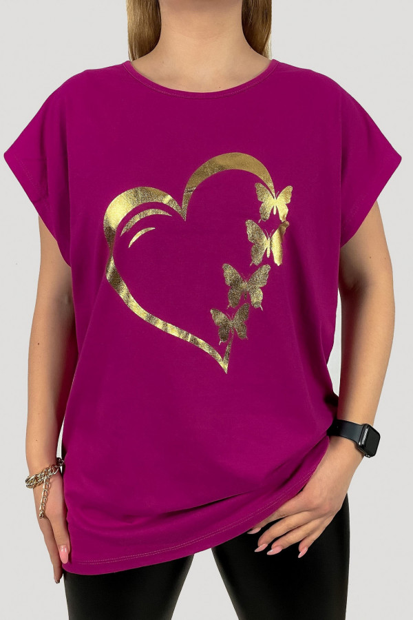 T-shirt plus size koszulka damska w kolorze magenta złote serce motyle