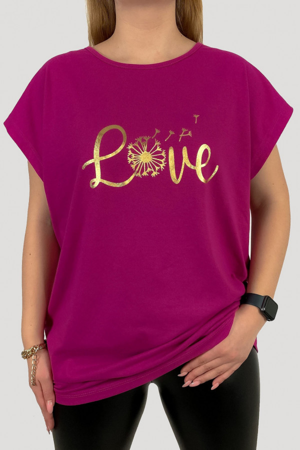 T-shirt plus size koszulka damska w kolorze magenta złoty print love