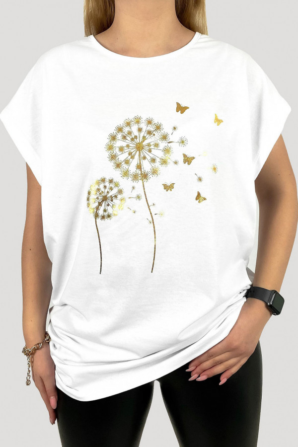 T-shirt plus size koszulka damska w kolorze białym złote dmuchawce