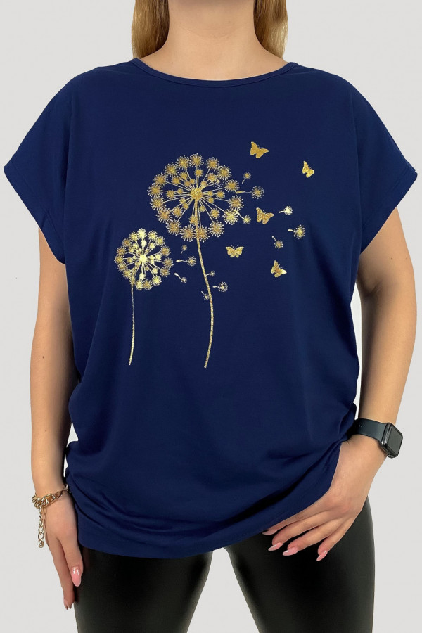 T-shirt plus size koszulka damska w kolorze granatowym złote dmuchawce