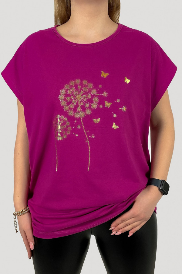 T-shirt plus size koszulka damska w kolorze Magenta złote dmuchawce