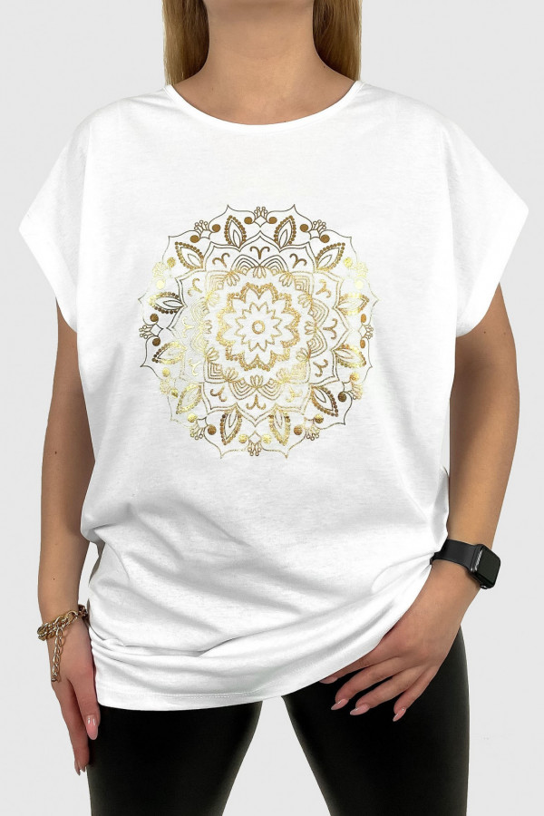 T-shirt plus size koszulka damska w kolorze białym złoty print mandala