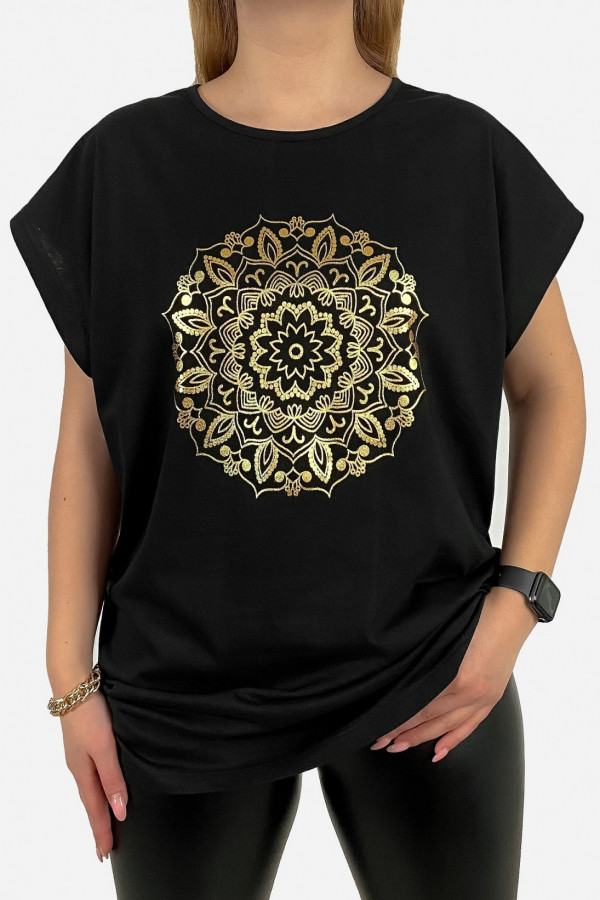 T-shirt plus size koszulka damska w kolorze czarnym złoty print mandala