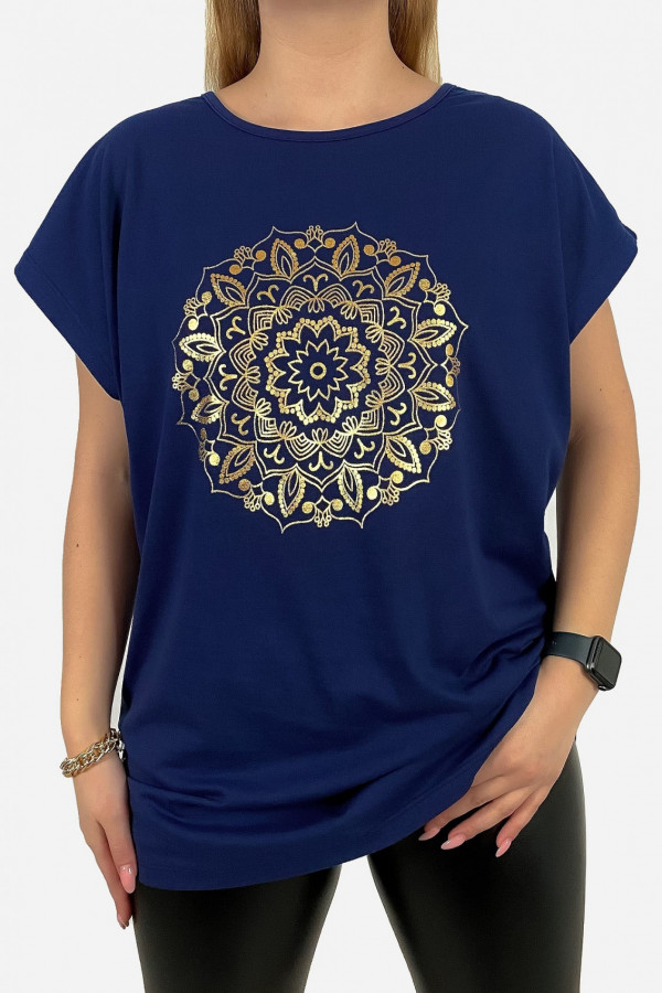 T-shirt plus size koszulka damska w kolorze granatowym złoty print mandala