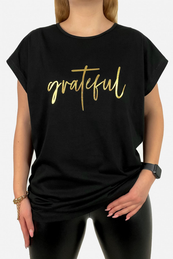 T-shirt plus size koszulka damska w kolorze czarnym złoty print napis grateful