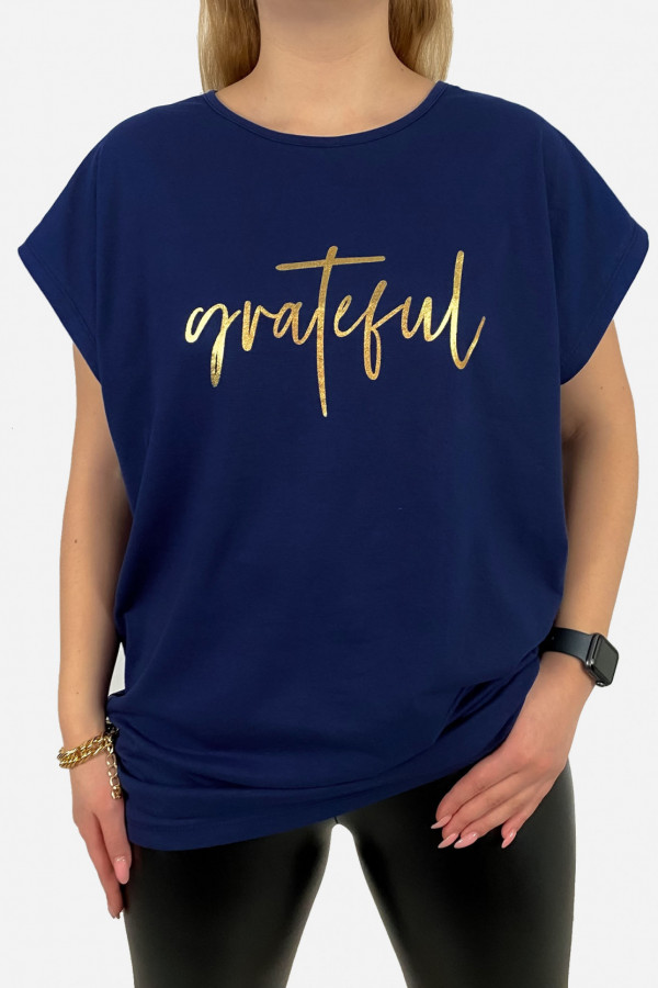 T-shirt plus size koszulka damska w kolorze granatowym złoty print napis grateful