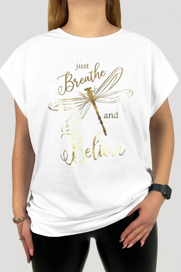 T-shirt plus size koszulka damska w kolorze białym złota ważka dragonfly