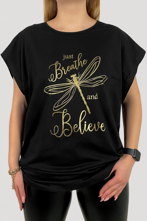 T-shirt plus size koszulka damska w kolorze czarnym złota ważka dragonfly