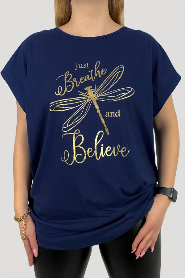 T-shirt plus size koszulka damska w kolorze granatowym złota ważka dragonfly