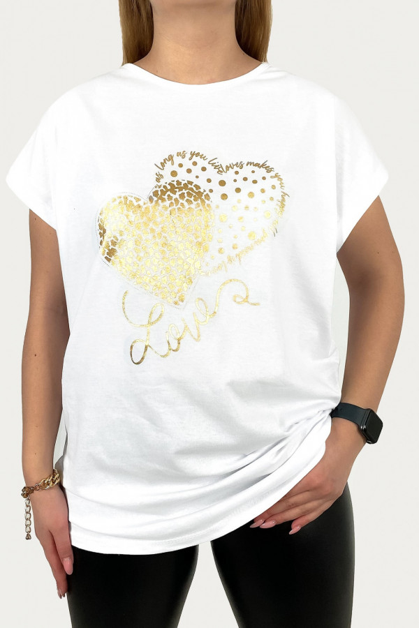 T-shirt plus size koszulka damska w kolorze białym złote serca