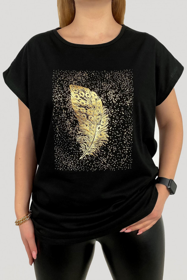 T-shirt plus size koszulka damska w kolorze czarnym złote piórko