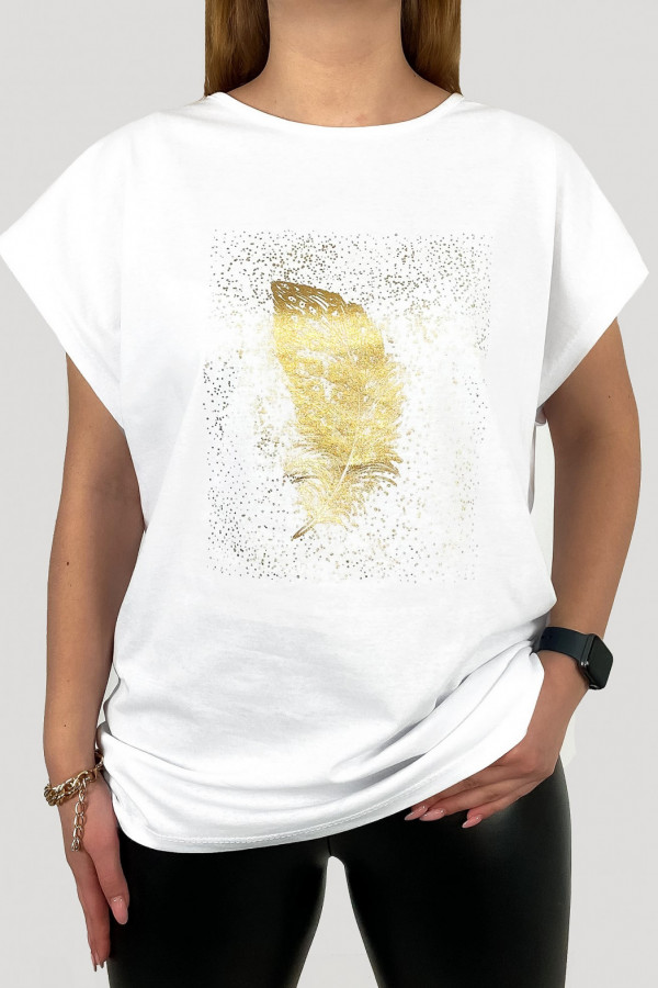 T-shirt plus size koszulka damska w kolorze białym złote piórko