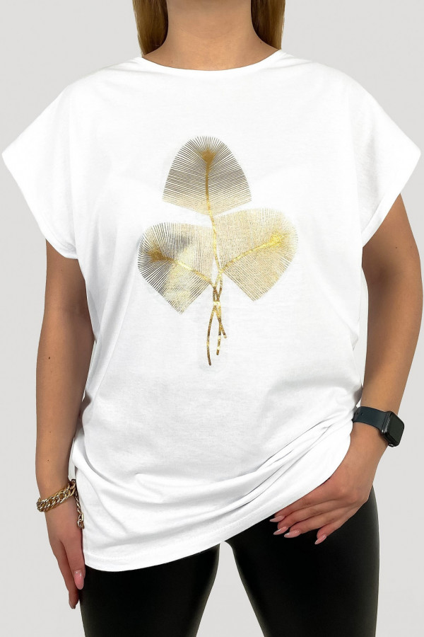 T-shirt plus size koszulka damska w kolorze białym złote liście